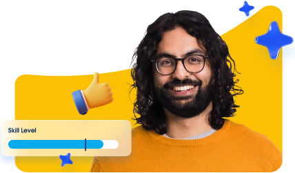 Quests promotion: Trailblazer with skill level, sparkles, and thumbs up